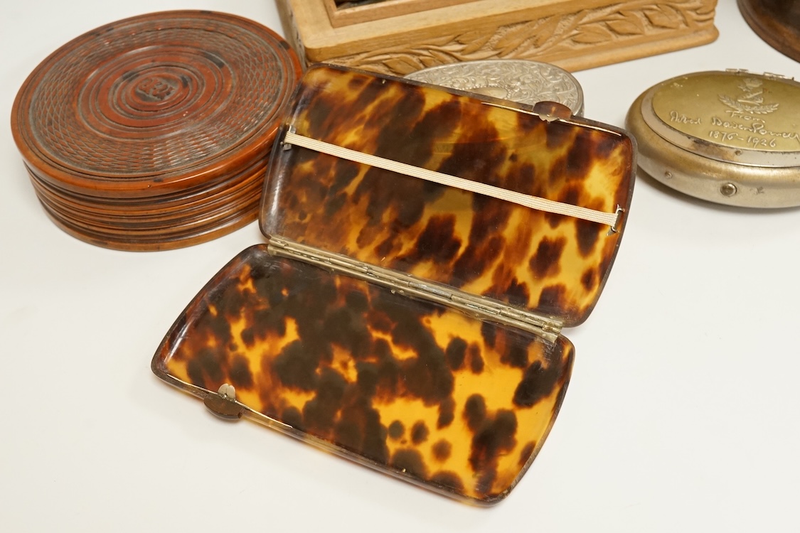 Two treen boxes, a cigarette box, a tortoiseshell box, a military tobacco box, a plated box and various decorative metal panels, CITES Submission reference, KPXPJXQU
